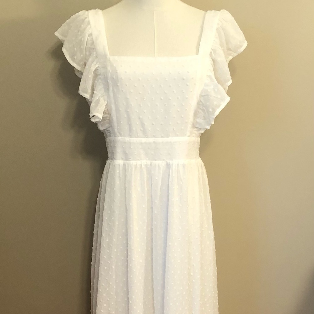 Lulu's White Swiss Dot Maxi Dress with Ruffle Sleeves